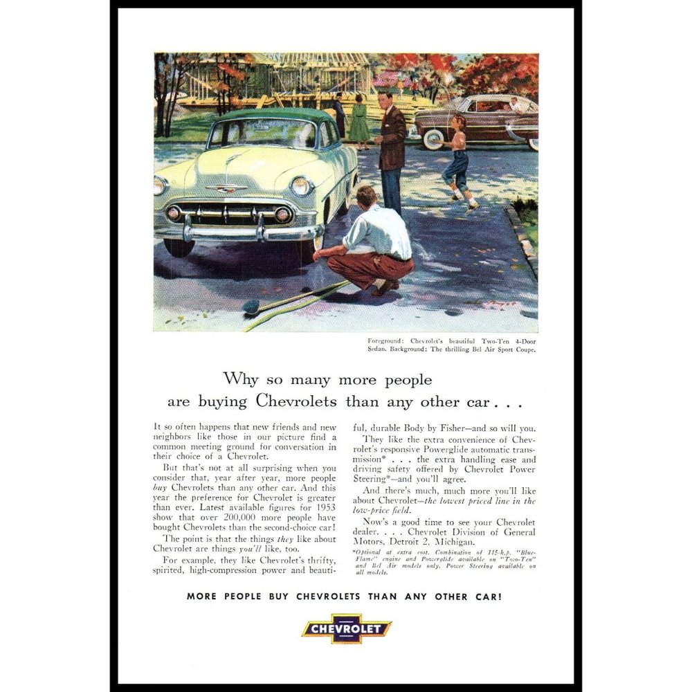 1953 Chevy Two Ten Sedan and Bel Air Sport Coupe Vintage Print Ad Car Wash Art